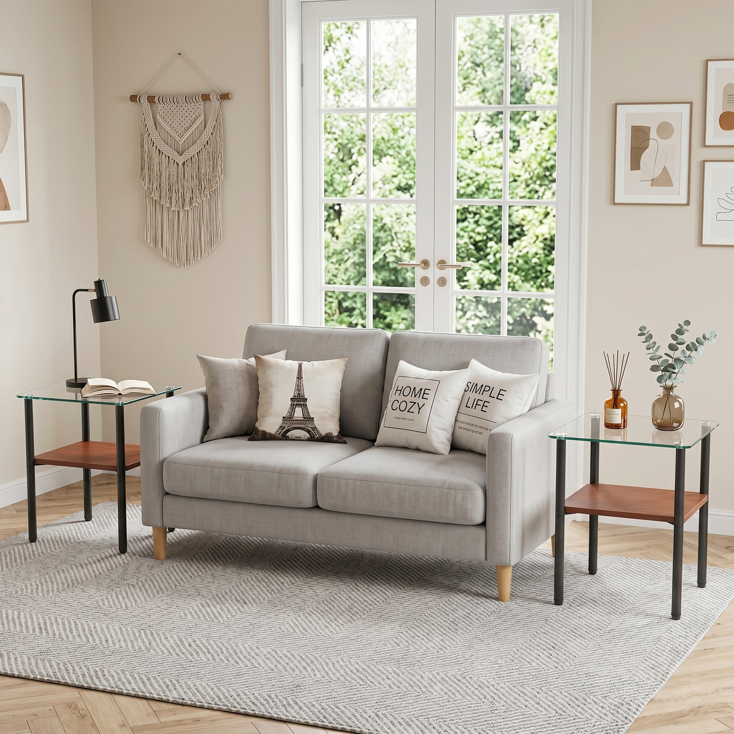 2-piece Modern Rectangular Glass Side Table, Tempered Glass Tabletop, MDF Storage Shelf & Metal Legs, Minimalist Sofa Side Table for Living Room & Bedroom image 3