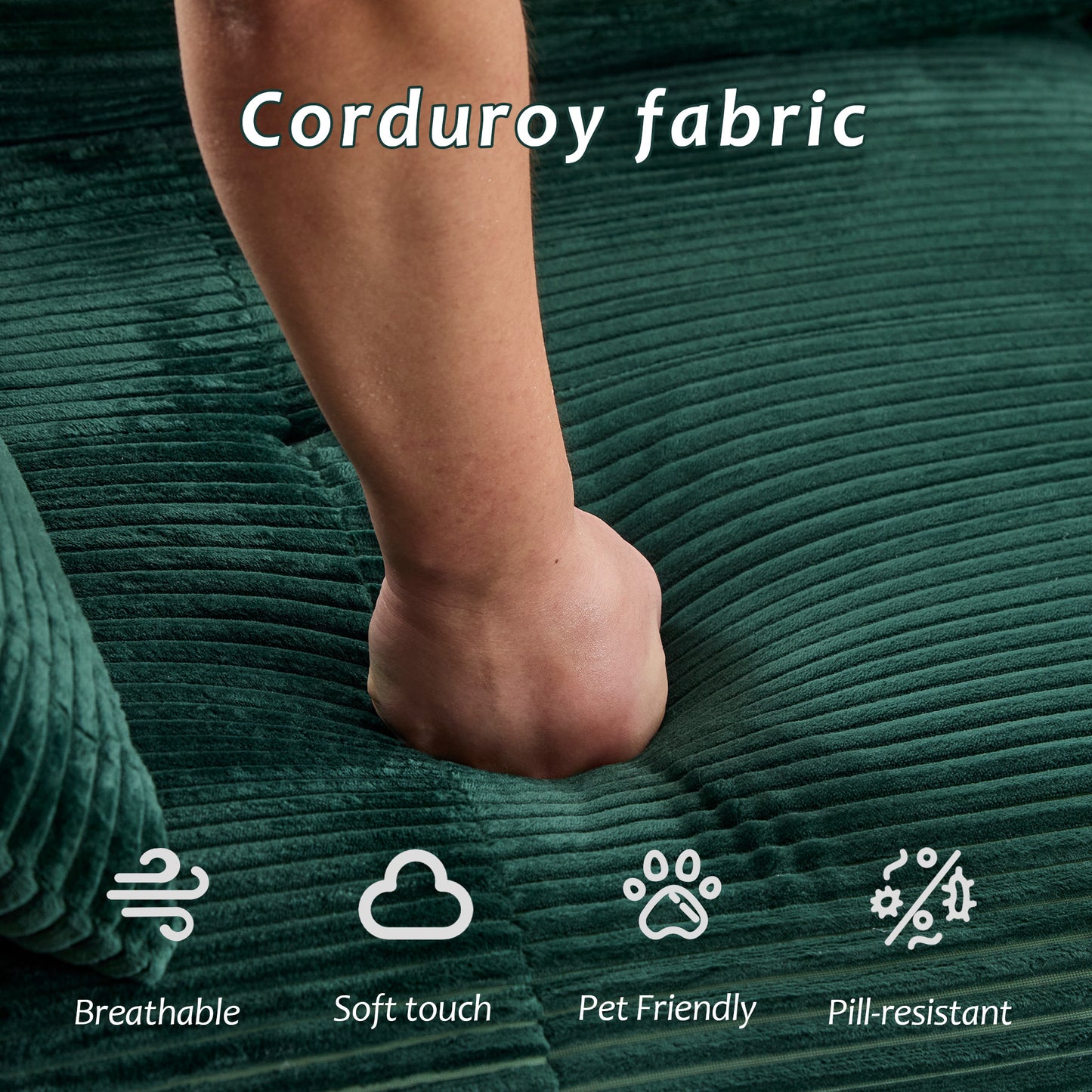 Modern Memory Foam Compressed Sofa,Single Chaise Longue for Living Room,Pet-Friendly Cloud Modular Sectional Sofa,Corduroy Fabric,Movable Ottoman,No Assembly required,Green image 4