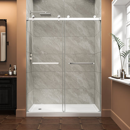 55"-60" W x 76" H Brushed Nickel Reversible Installation Double Bypass Sliding Shower Door Easy Installation Frameless Shower Door,5/16"(8MM) Tempered Glass With Nano Explosion-proof Film image 1