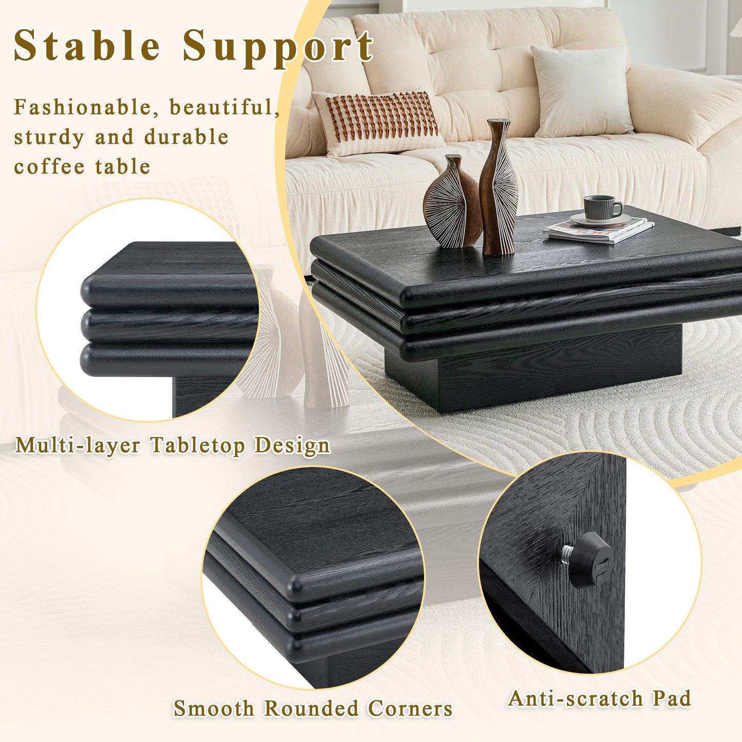 Modern 3-Tier Stacked Rectangular Coffee Table, MDF with Wood Veneer,Black Accent Center Table for Living Room image 8