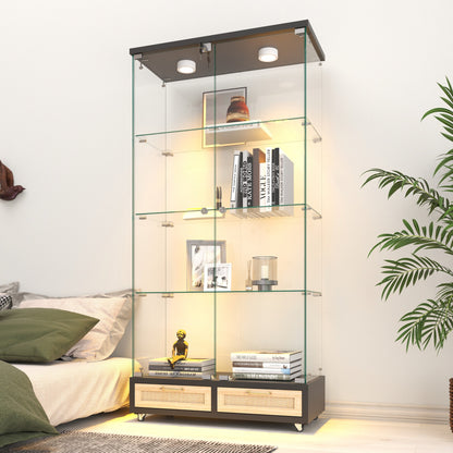 Modern Glass Display Cabinet with Large Drawers,Quick-assembly Antique Cabinet with LED lights,Tempered Glass Bookshelf,2-Door Storage Case with 4 Shelves for Living Room and Bedroom,black and natural image 3