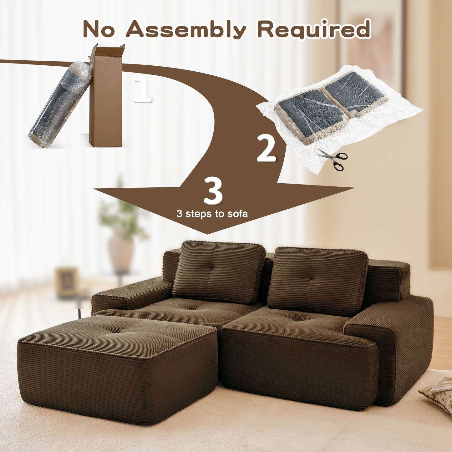 82" Modern L-Shaped Modular Sectional Sofa for Living Room, Corduroy Fabric, 2-Seater Couch with Deep Seat and Movable Ottoman, Pearl-like piping, Tufted Design, No Assembly, Anti-slip Design​, Brown image 5