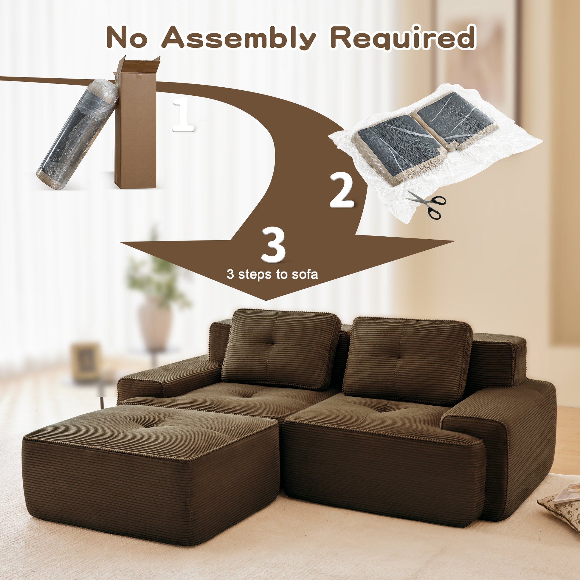 82" Modern L-Shaped Modular Sectional Sofa for Living Room, Corduroy Fabric, 2-Seater Couch with Deep Seat and Movable Ottoman, Pearl-like piping, Tufted Design, No Assembly, Anti-slip Design​, Brown image 5