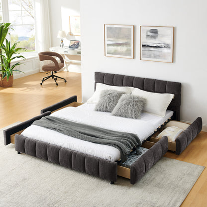 Queen Size Upholstered Bed,comfortable upholstered bed frame, Chenille fabric, with headboard and solid bed frame. With drawer for storage.-Dark Gray(88.5''*68.5''*31'') image 1