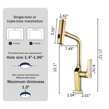 Touchless ​​Brushed Gold Kitchen Faucet with LED Display, Motion Sensor Kitchen Sink Faucet with 3-Function Pull-Out Sprayer & 360° Swivel Spout image 10