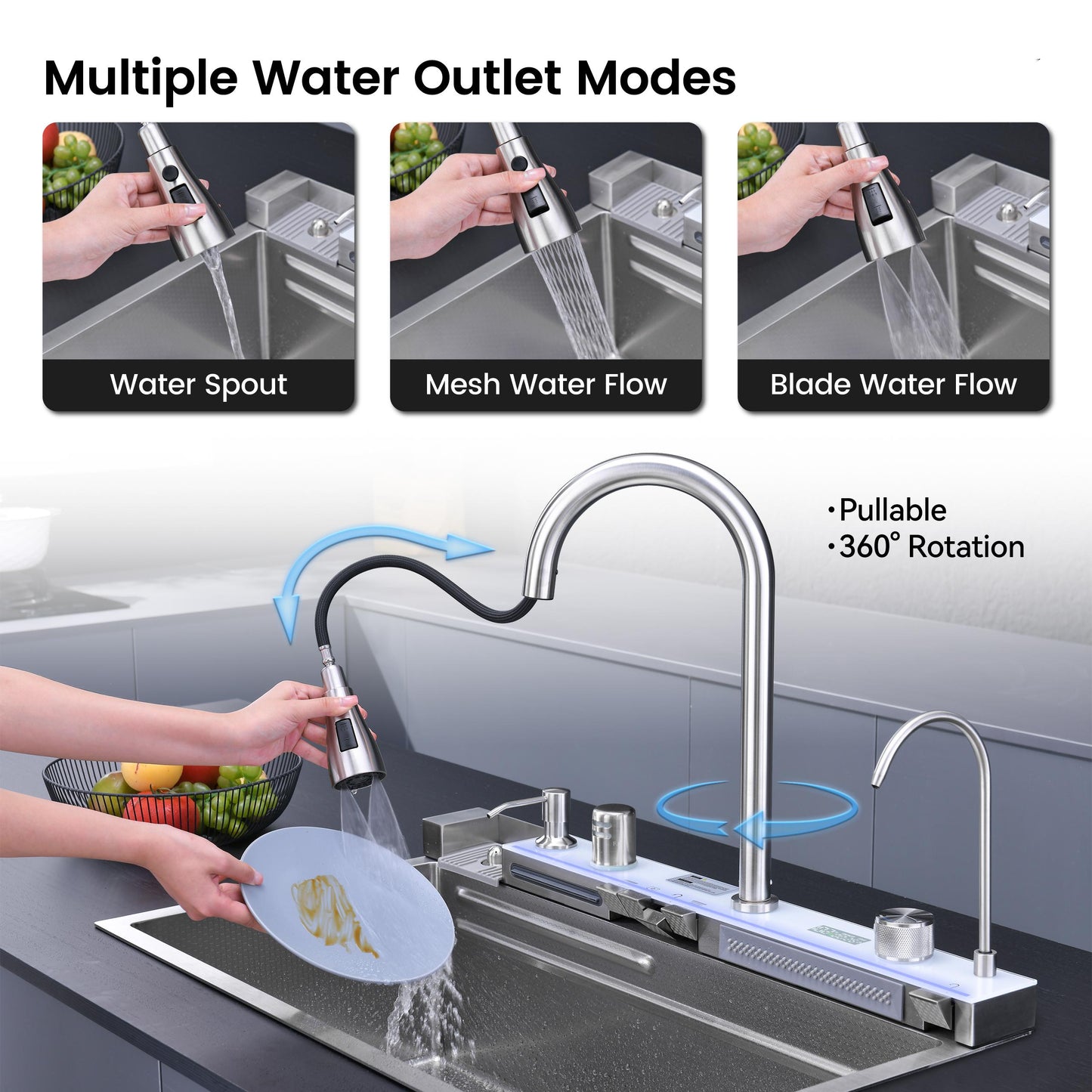 Pull-out Faucet Single Bowl Sink Kitchen Vegetable Sink 304 30"x18" Whale Waterfall Sink Stainless Steel Dish Sink wIth Dishwasher Accessories Household Vegetable Washing Basin, Dark Gray image 12