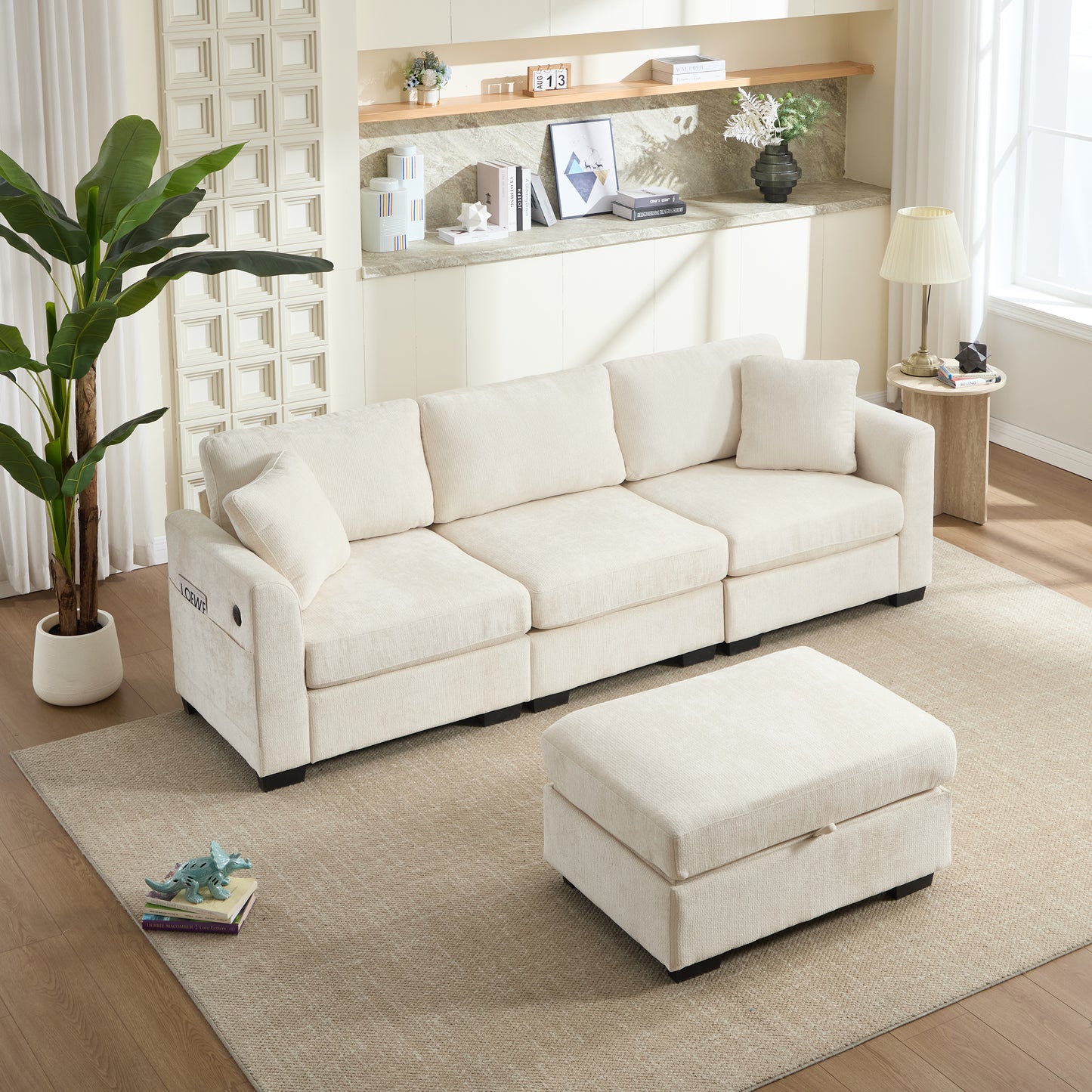 Modern Storage Sofa with Dual USB, 2 Side Pockets,Ottoman Storage Bench Cloud Sectional Chenille Sofa Oversized,4-Seat, L-Shaped Couch,Beige image 5