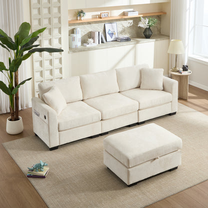 Modern Storage Sofa with Dual USB, 2 Side Pockets,Ottoman Storage Bench Cloud Sectional Chenille Sofa Oversized,4-Seat, L-Shaped Couch,Beige image 5