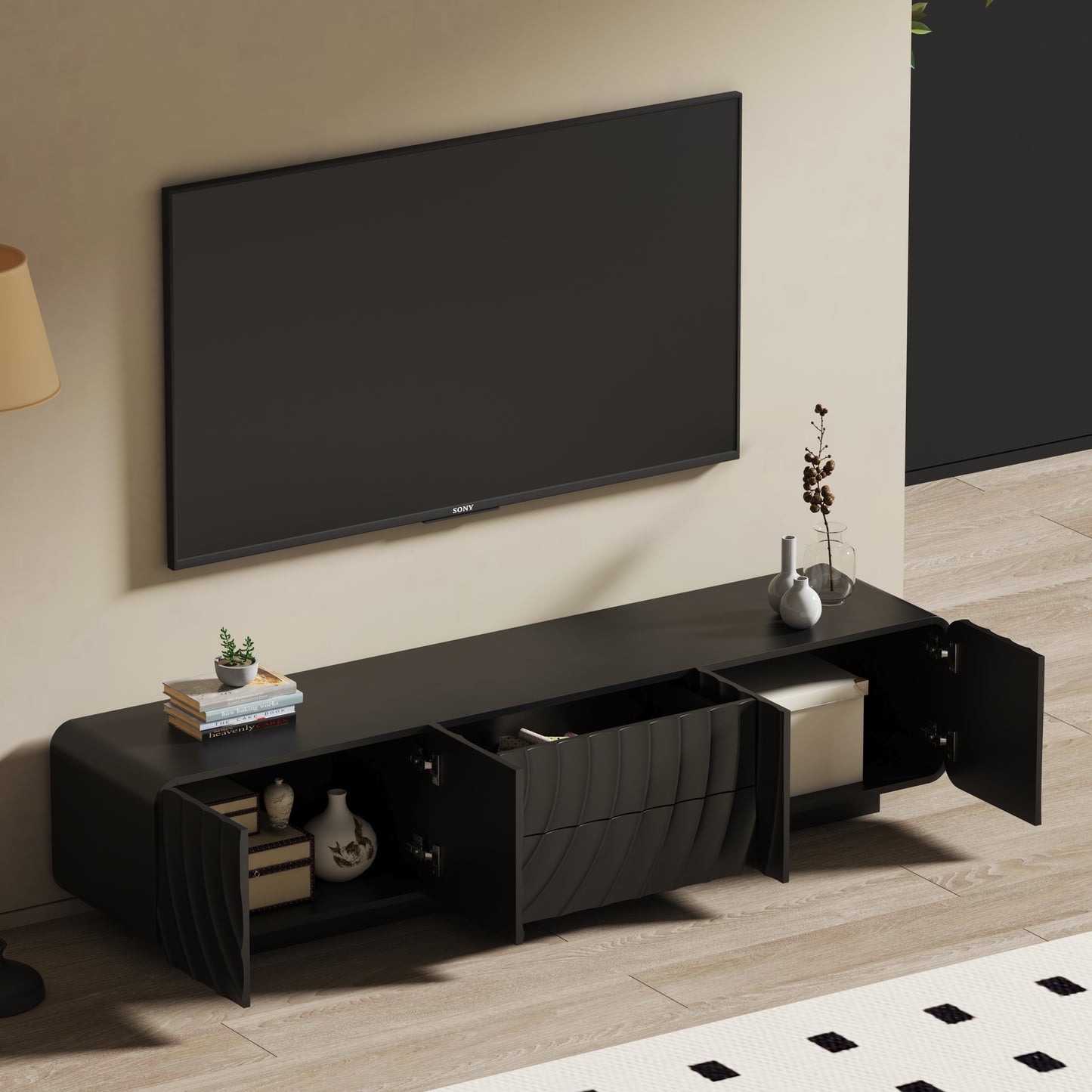 70''Tv Console With Modern Unique Spiral Wave Design With Storage Cabinet And 2 Drawers Tv Stand For Living Room, Bedroom, Black image 4
