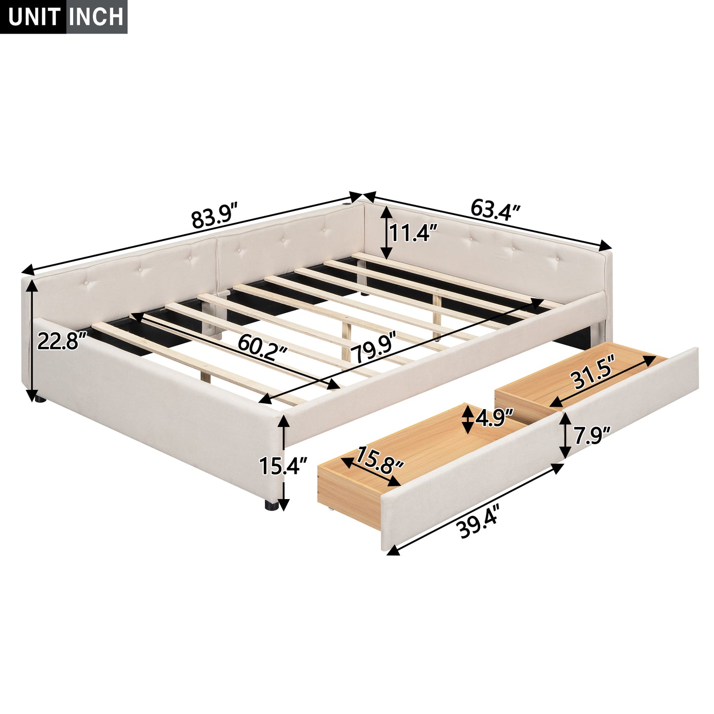 Queen Size Upholstered Platform Bed with USB and 2 Drawers, Beige image 11