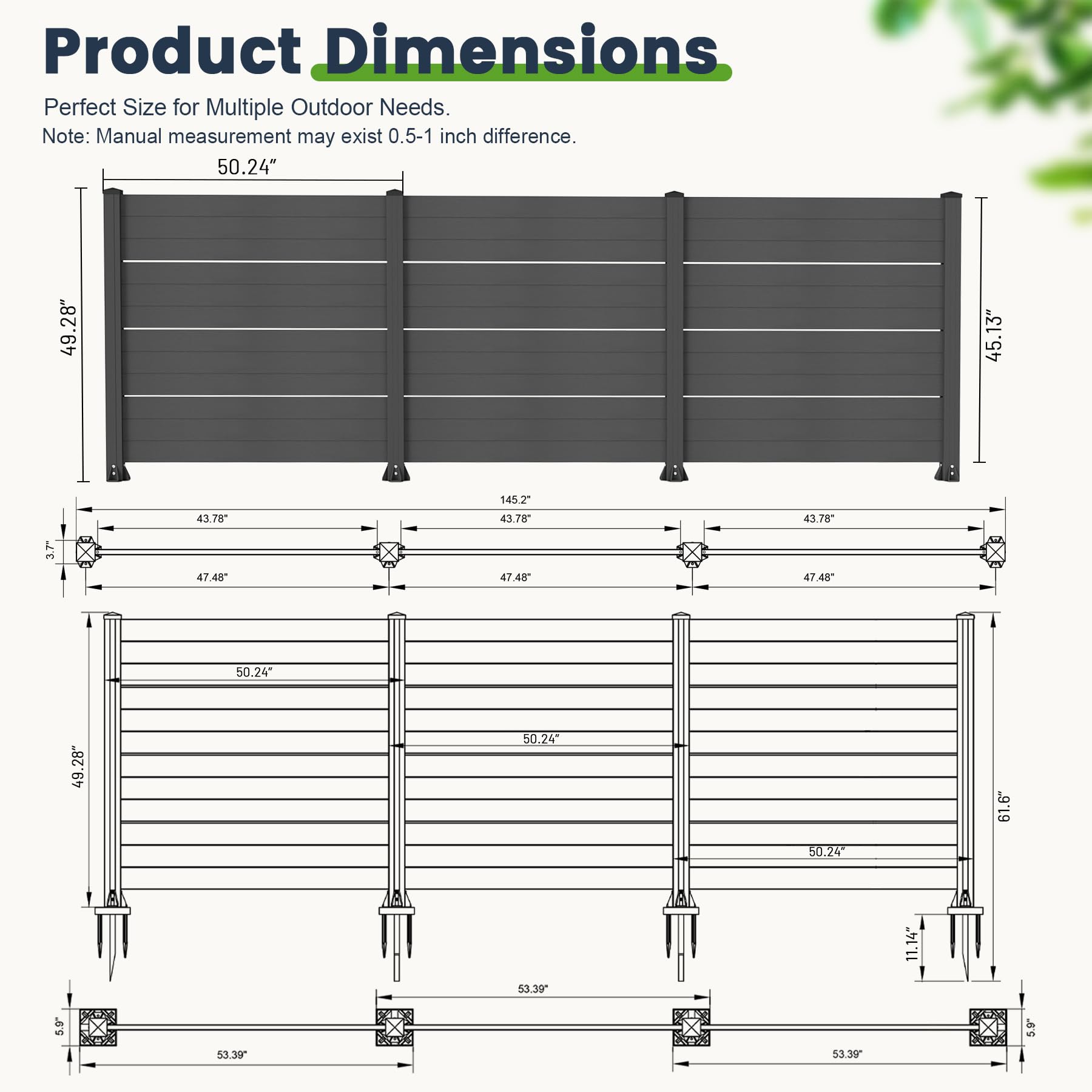 50" W x 49" H Outdoor Privacy Screen, Air Conditioner Fence, All-Weather Vinyl Privacy Fence Screens with Aluminum Posts, 3 Panels, Dark Grey image 2
