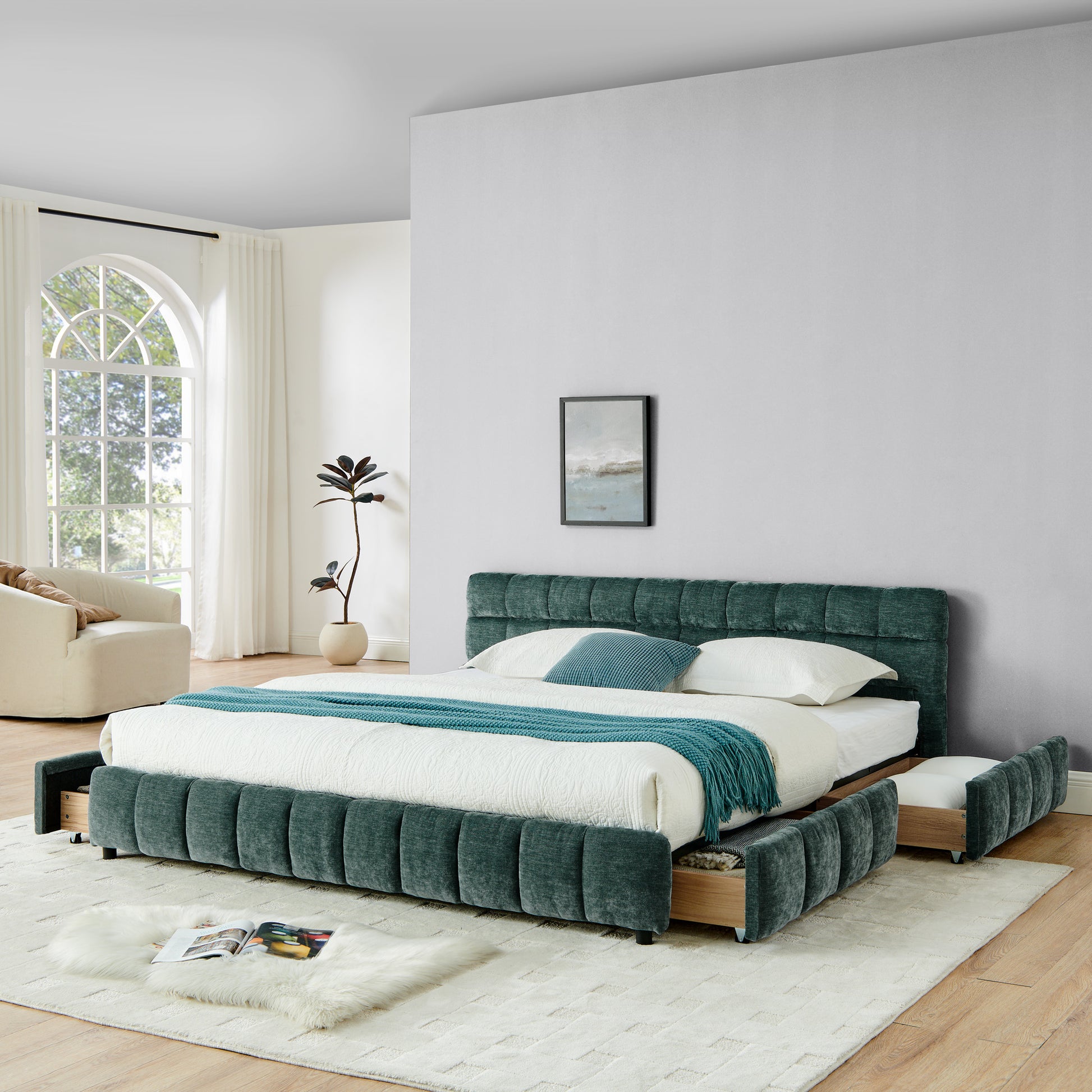 King Size Upholstered Bed,comfortable upholstered bed frame, Chenille fabric, with headboard and solid bed frame. With drawer for storage-green(88.5''*85.5''*31'') image 3