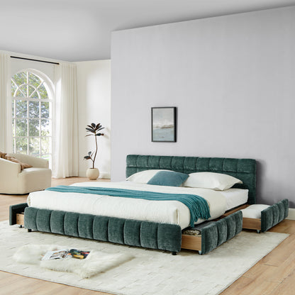 King Size Upholstered Bed,comfortable upholstered bed frame, Chenille fabric, with headboard and solid bed frame. With drawer for storage-green(88.5''*85.5''*31'') image 3
