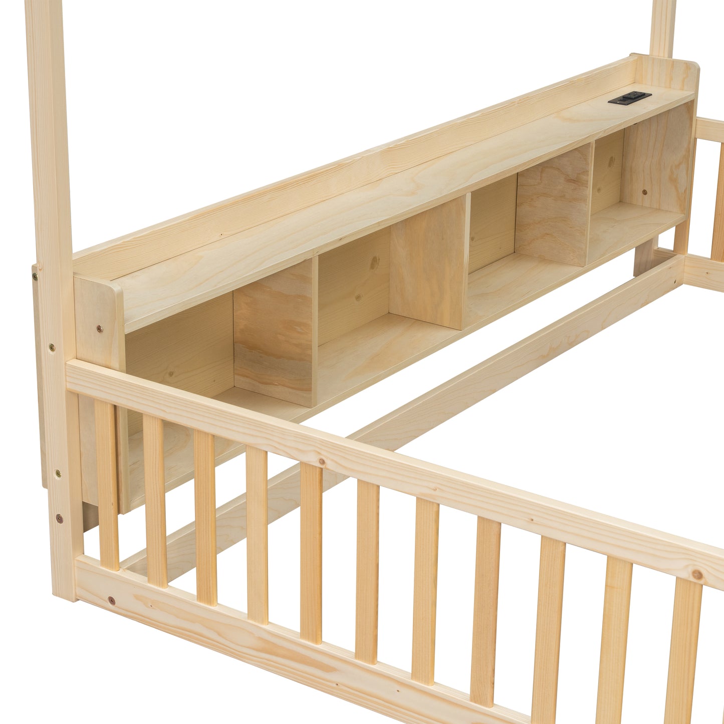 Twin House Floor Bed with Storage Shelves,Built-in LED Lights & Charging Station,Pine Wood Floor Bed with Safety Guardrails,Natural image 3