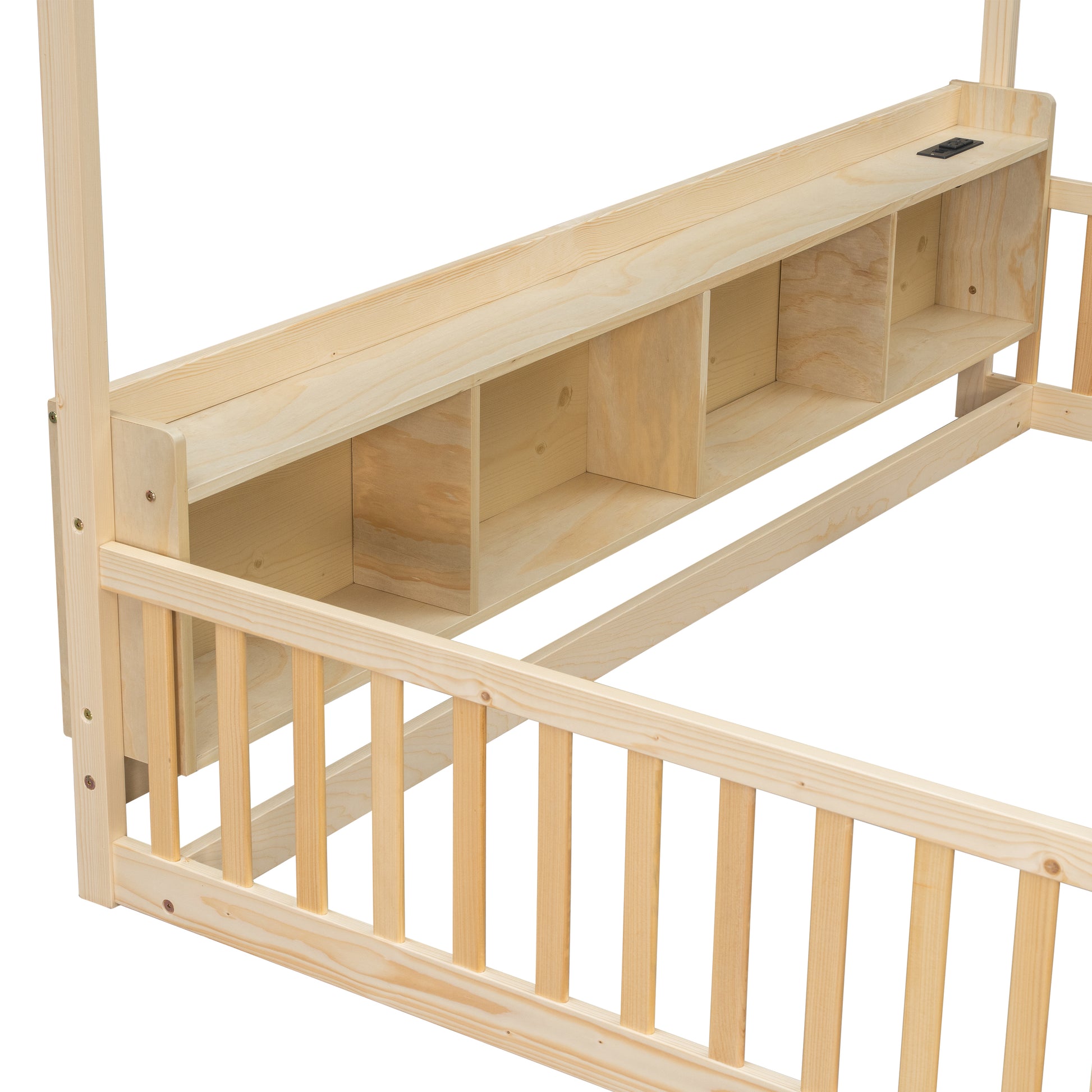 Twin House Floor Bed with Storage Shelves,Built-in LED Lights & Charging Station,Pine Wood Floor Bed with Safety Guardrails,Natural image 3