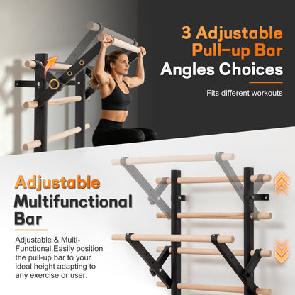 Wall Mount Swedish Ladder Home Gym Training Stall Bar with Adjustable Pull Up Dip Bars & Resistance Straps, Max 286lbs Capacity image 3