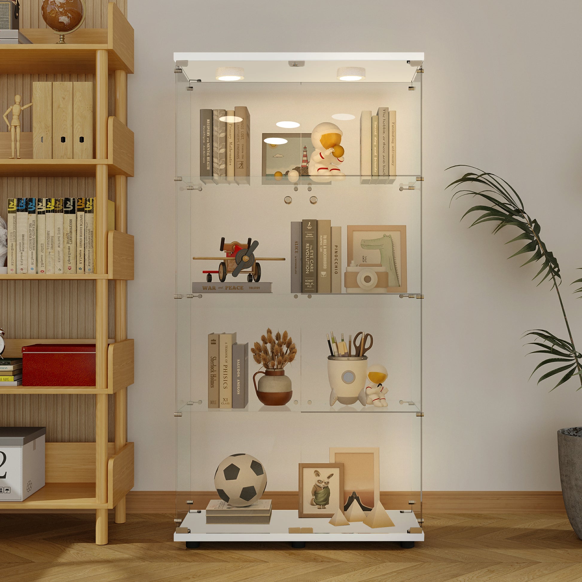 Tempered glass display cabinet white with LED lights front view