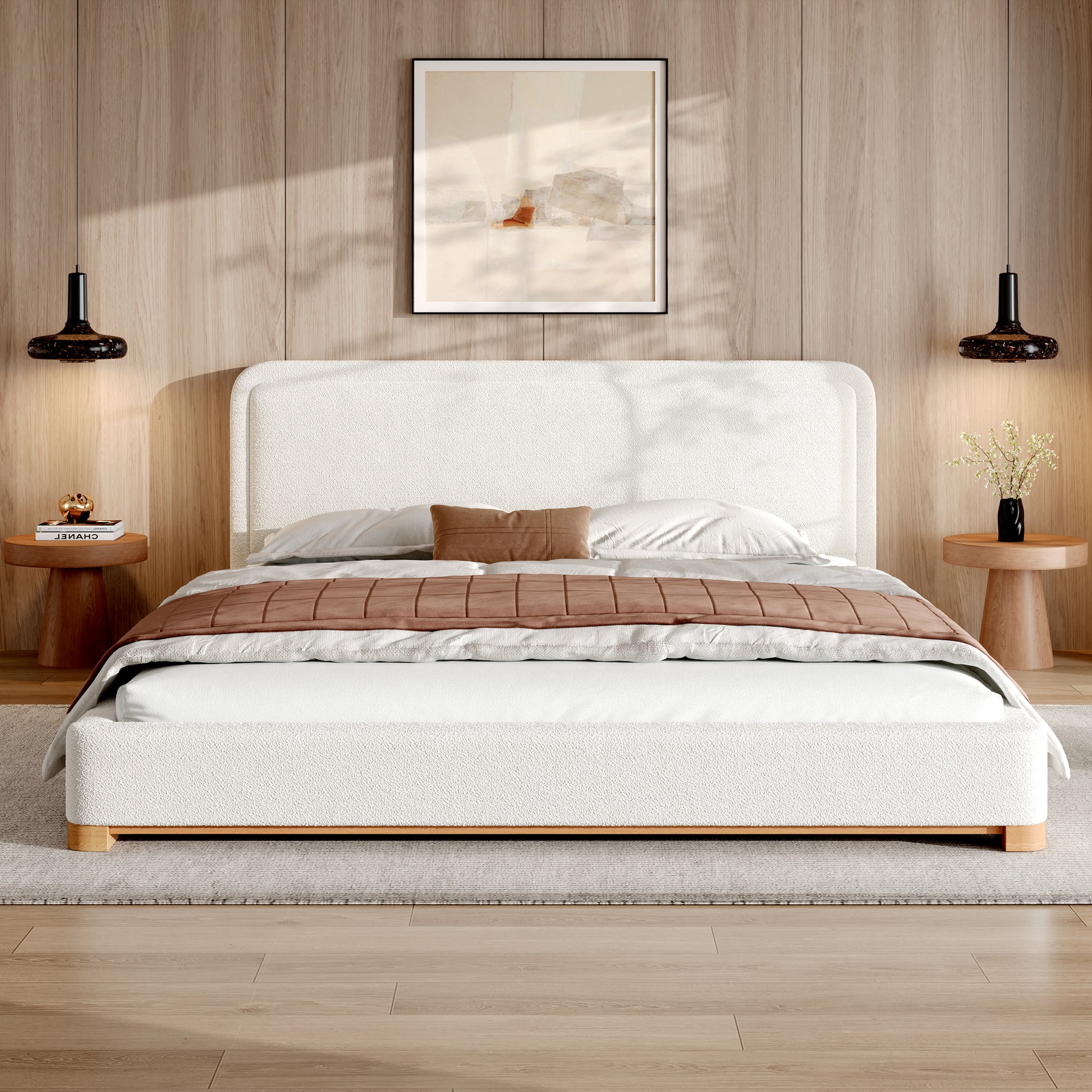 California King Size Bed Frame With Boucle Upholstered Curved Headboard, Solid Wood Base And Legs, White image 1