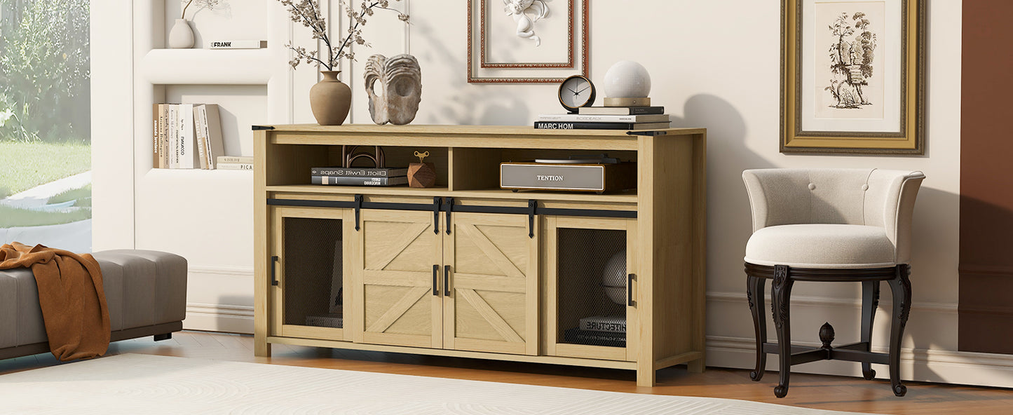 U_STYLE 59.3''Sideboard with Sliding Barn Door and Mesh Panels,Farmhouse Buffet with Open Storage,Suitable for Living Room, Hallway, Balcony,Kitchen, Office image 4