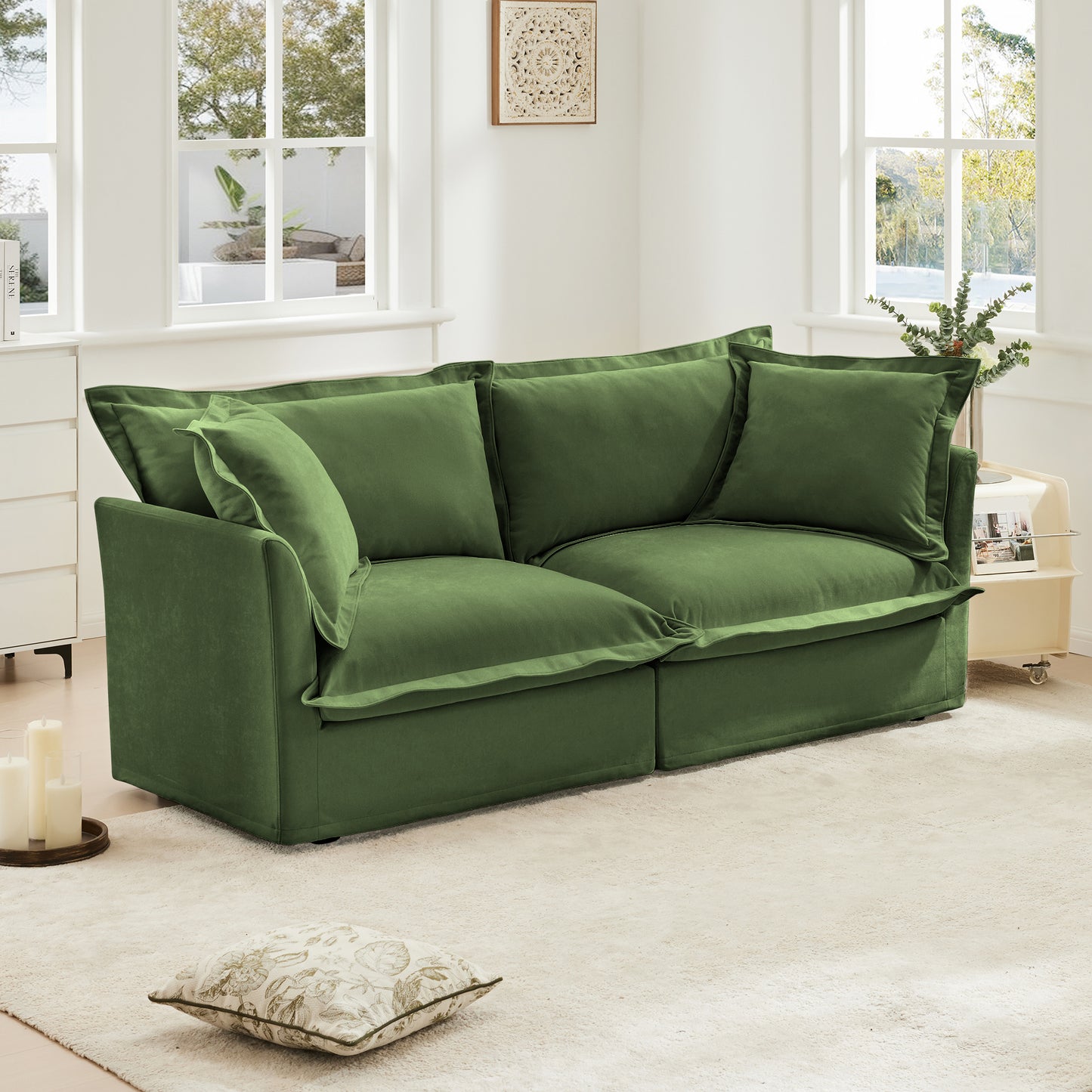 Modern Slipcovered 2-Seat Sofa Couches for Living Room, 2 Seater Sofa, Plain Chenille Deep Seat Sofa with Upholstered Cushion&Detachable Cover, Comfy Sofa Couch for Small Space, Apartment, Green image 3