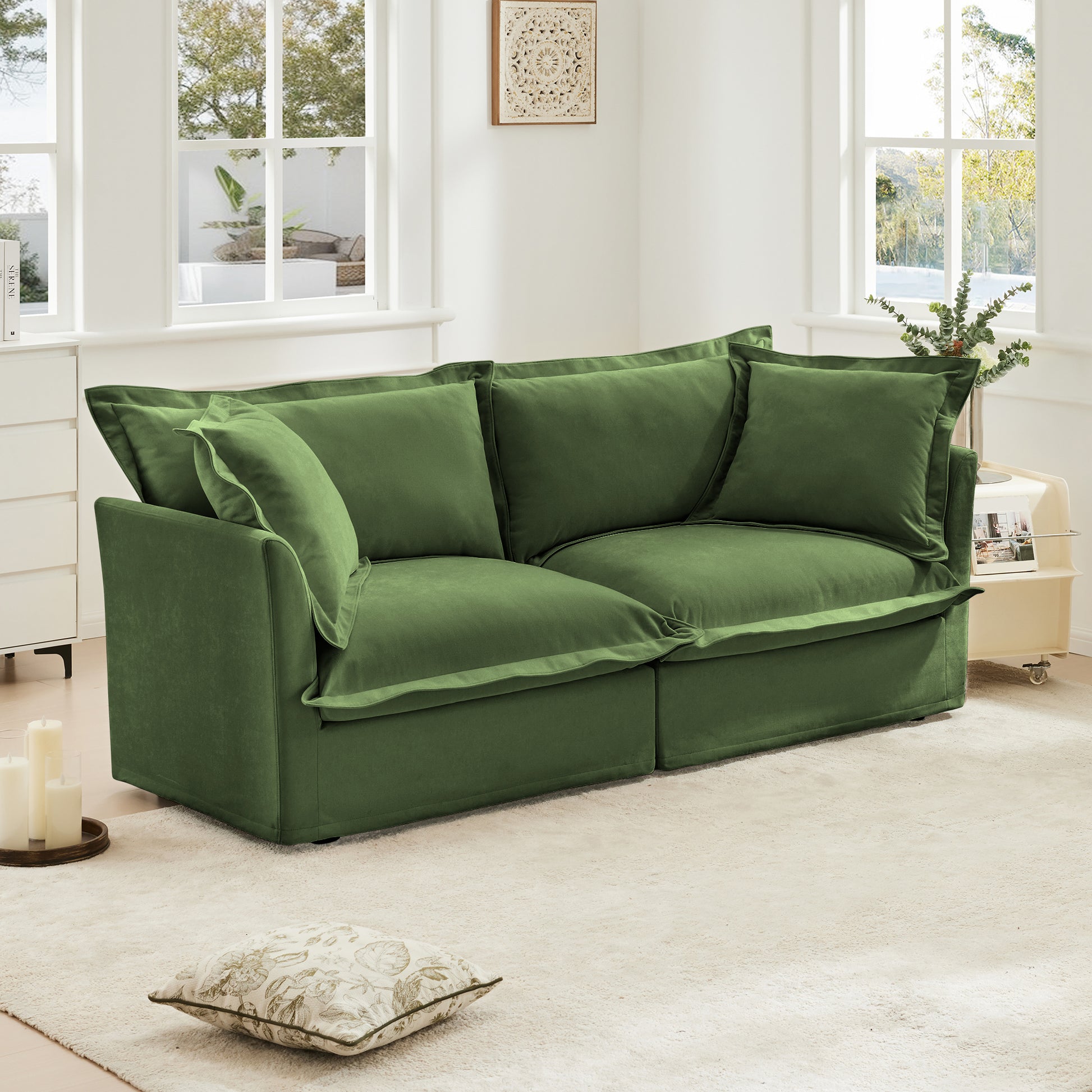 Modern Slipcovered 2-Seat Sofa Couches for Living Room, 2 Seater Sofa, Plain Chenille Deep Seat Sofa with Upholstered Cushion&Detachable Cover, Comfy Sofa Couch for Small Space, Apartment, Green image 3