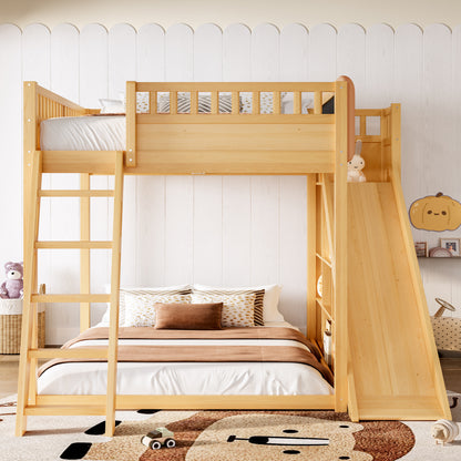 Full Size Loft Bed with upholstered headboard and storage shelves, complete with ladder and slide, Natural image 3