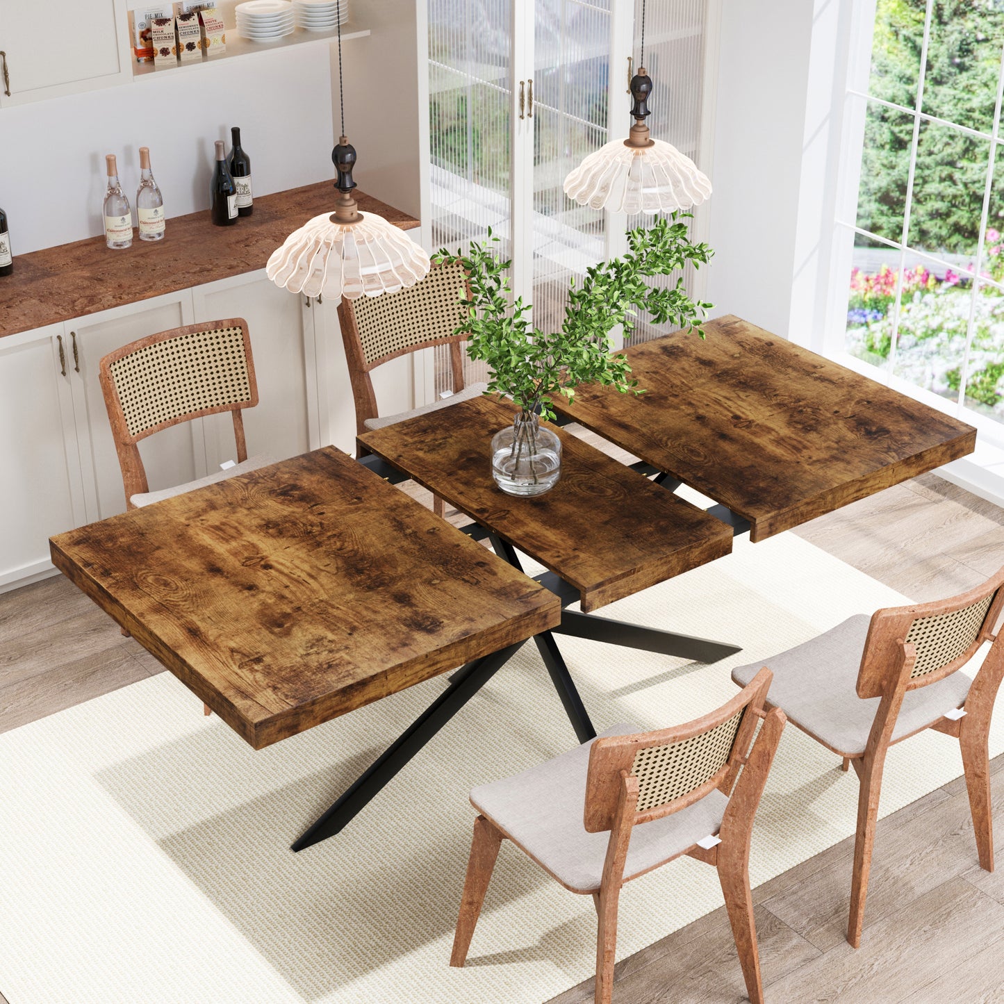 55.11"-70.86"Retro Rectangular Stretch Dining Table, Antique Wood Top And Same Color Relief Plate,With Storage Box,Suitable for dining rooms, kitchens, and living rooms, Brown image 1