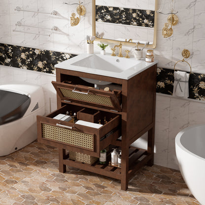 24" Bathroom Vanity with Integrated Ceramic Sink, Bathroom Cabinet with 1 Deep Drawer, 1 Tip-Out Drawer, Single Sink Bathroom Vanity for Small and Medium Restroom image 4