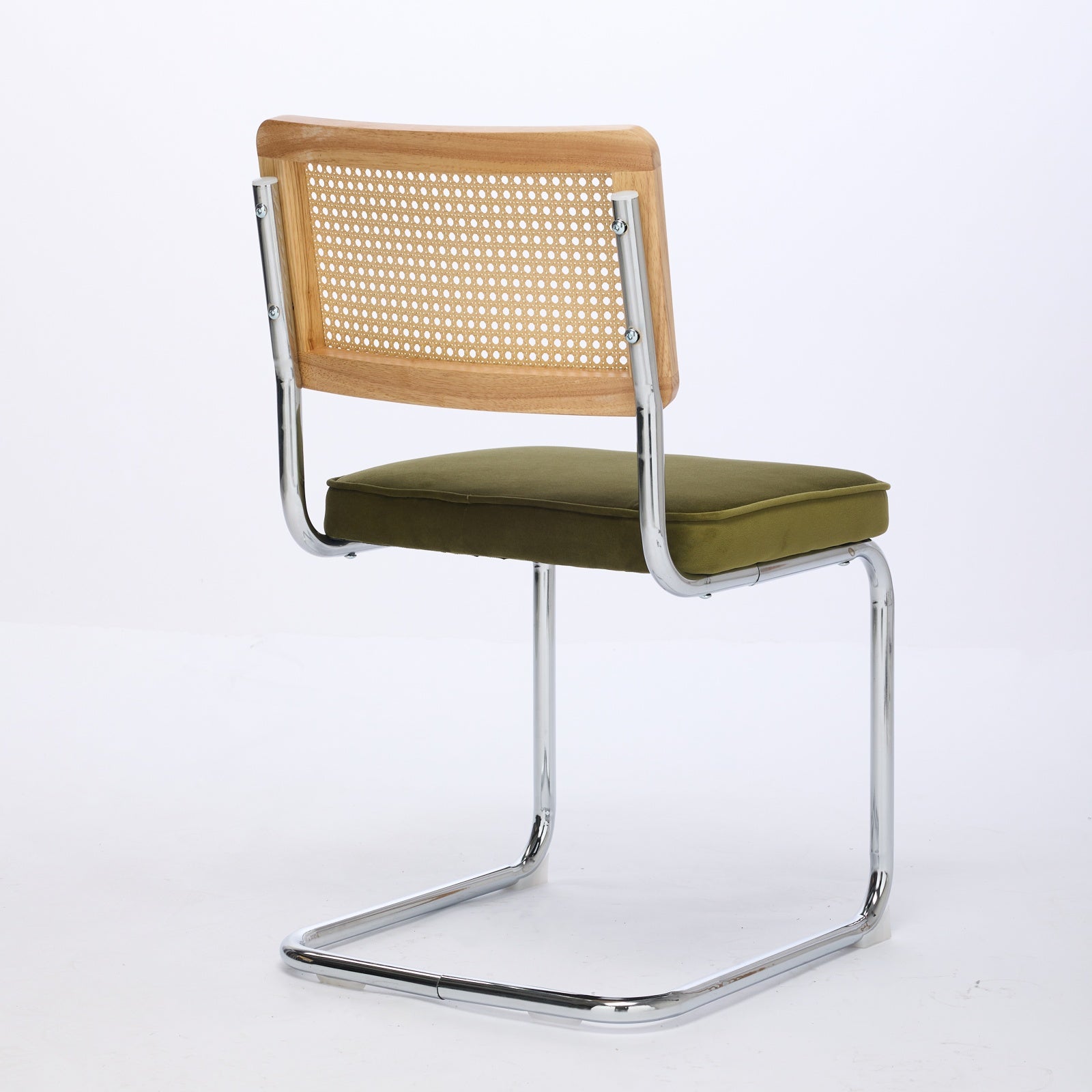 Mid Century Modern Dining Chairs Set of 2, Velvet Accent Chairs with Natural Cane Back & Stainless Chrome Base, Famous Breuer Designed Chairs, Upholstered Rattan Kitchen Chairs,Olive-Green image 5