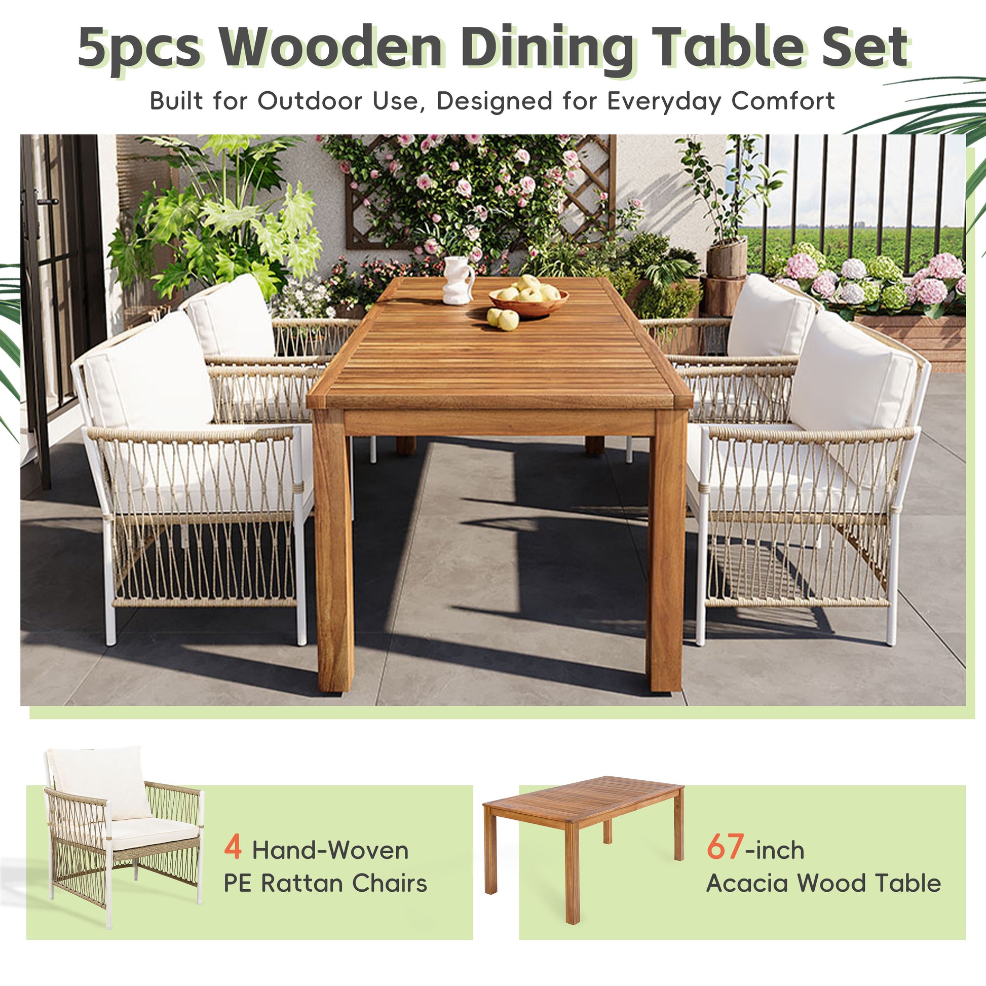 TOPMAX Patio 5pcs Wooden Dining Table Set, Outdoor 67''L Rectangular Table with 4 Rattan Arm Chairs for Poolside, Backyard, Garden, Natural image 4