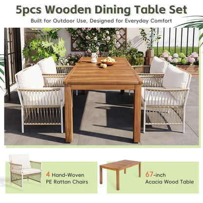 TOPMAX Patio 5pcs Wooden Dining Table Set, Outdoor 67''L Rectangular Table with 4 Rattan Arm Chairs for Poolside, Backyard, Garden, Natural image 4