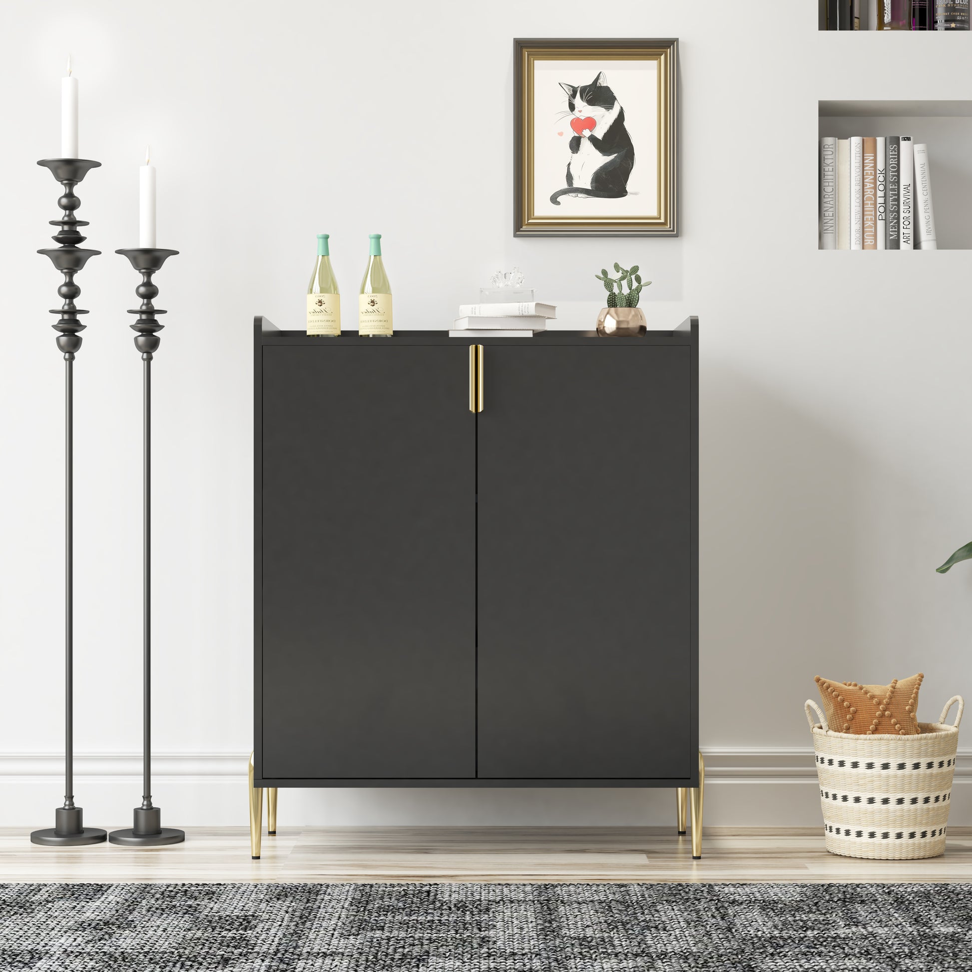 2 doors home wine bar cabinet with wine rack & adjustable storage shelf, modern sideboard with soft-closing hinge, dinning room buffet cabinet, Liquor Cabinet kitchen, living room coffee cart BLACK image 5
