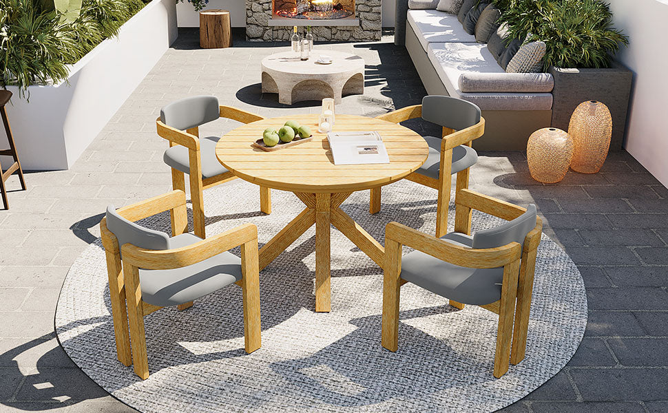 5-Piece Outdoor Acacia Wood Round Dining Set, Solid Wood Patio Table with 4 Barrel Chairs, Cushioned Seats & Backs, Modern Garden Conversation Set, Gray Cushion image 10