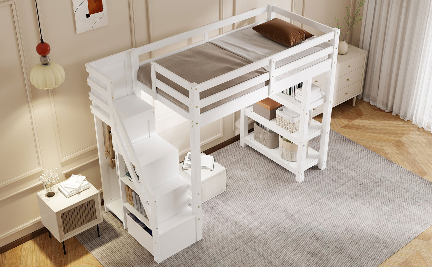 Twin Size Loft Bed with Shelves, Storage Staircase, Small Wardrobe and White LED Light, White image 12