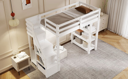 Twin Size Loft Bed with Shelves, Storage Staircase, Small Wardrobe and White LED Light, White image 12