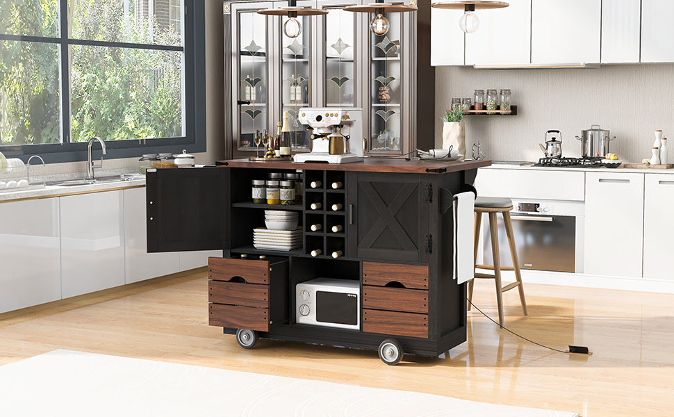 K&K 54" Farmhouse Kitchen Island with Drop Leaf, Power Outlet, Kitchen Storage Cart with 2 Doors, 2 Drawers, Rolling Kitchen Island on 4 Large Wheels with Spice Rack for Kitchen, Dining Room, Black image 7