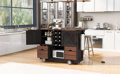 K&K 54" Farmhouse Kitchen Island with Drop Leaf, Power Outlet, Kitchen Storage Cart with 2 Doors, 2 Drawers, Rolling Kitchen Island on 4 Large Wheels with Spice Rack for Kitchen, Dining Room, Black image 7