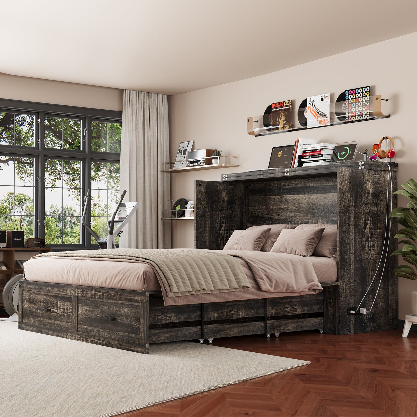 Queen Murphy Bed with Charging Station,Farmhouse Murphy Cabinet Bed with Large Storage Drawer,Hideaway Foldable Platform Bed for Guest Bedroom, Living Room, Office,Small Room,Pull out Bed,Rustic Grey image 3