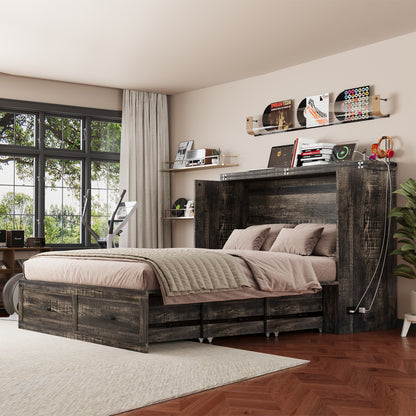 Queen Murphy Bed with Charging Station,Farmhouse Murphy Cabinet Bed with Large Storage Drawer,Hideaway Foldable Platform Bed for Guest Bedroom, Living Room, Office,Small Room,Pull out Bed,Rustic Grey image 3