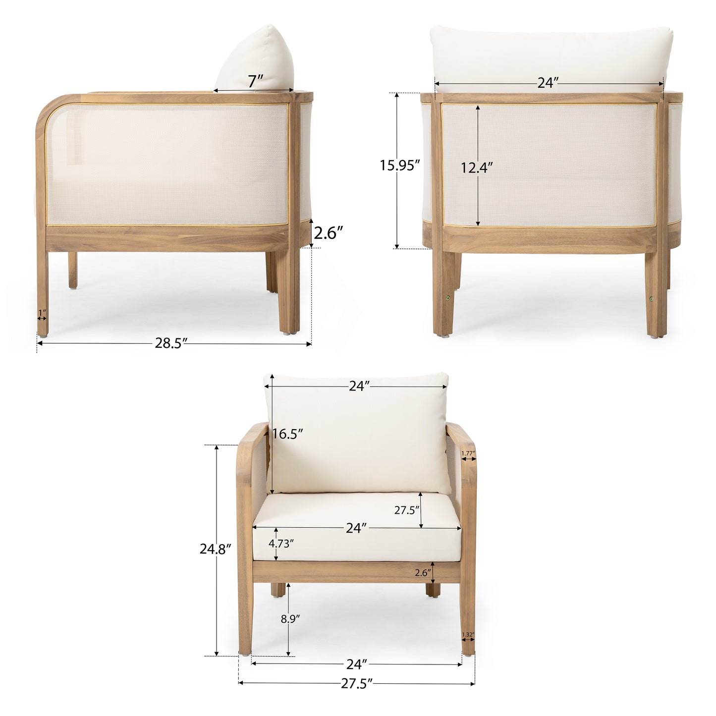 (Set of 2) Outdoor Acacia Wood Patio Club Chair, Textilene Patio Furniture,Waterproof Thick Cushion Deep Seating for Porch, Garden, Backyard, Balcony, Weight Capacity 400lbs, Light Teak Finish, Beige image 4