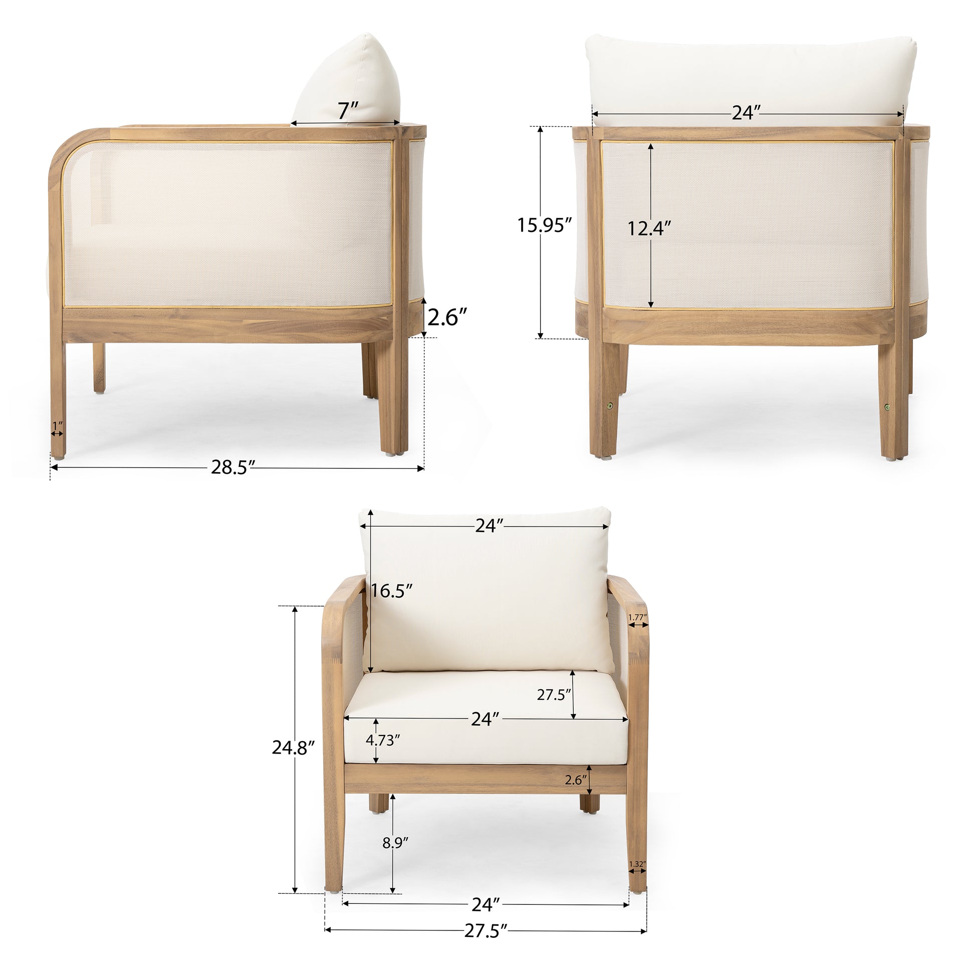 (Set of 2) Outdoor Acacia Wood Patio Club Chair, Textilene Patio Furniture,Waterproof Thick Cushion Deep Seating for Porch, Garden, Backyard, Balcony, Weight Capacity 400lbs, Light Teak Finish, Beige image 4
