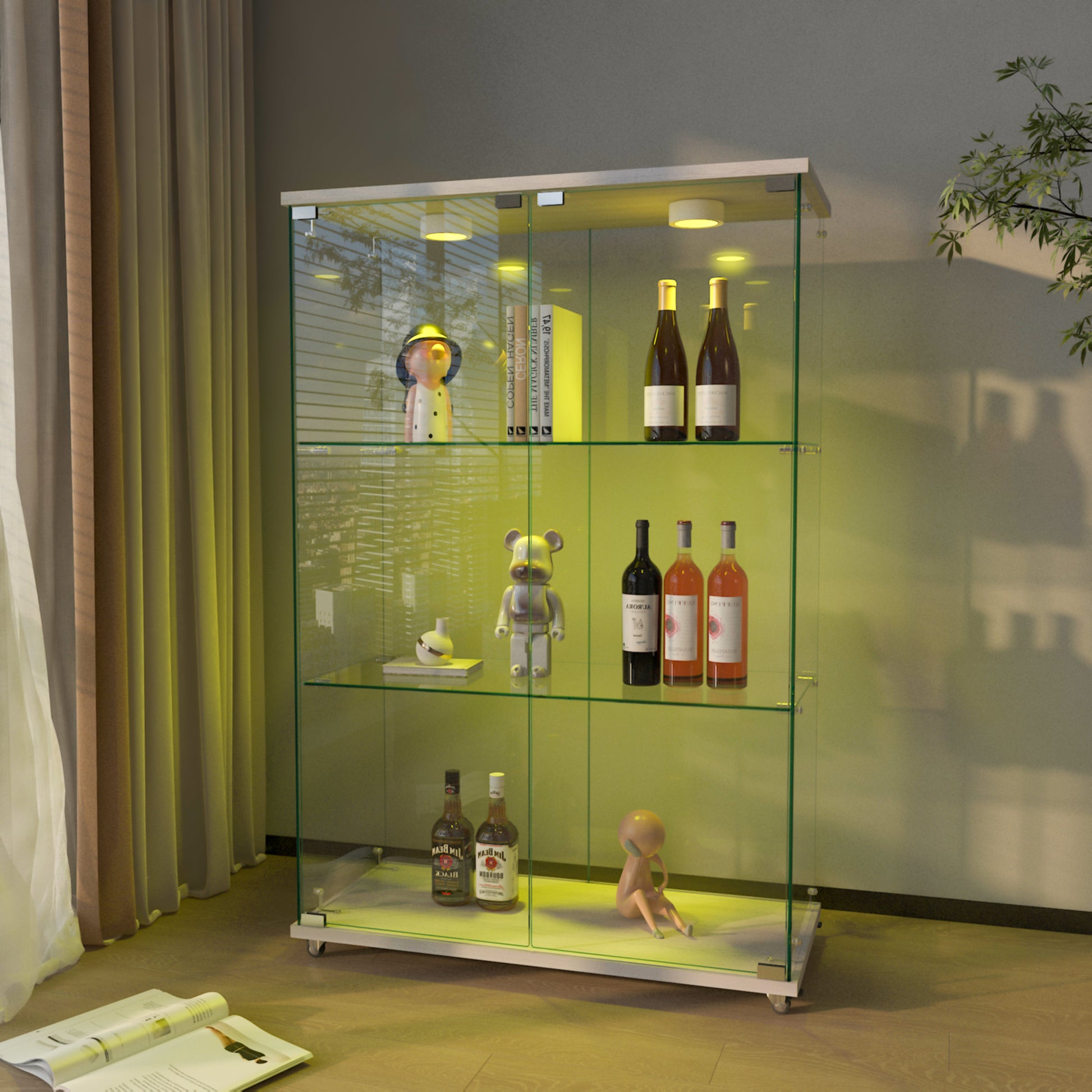 Modern Glass Display Cabinet with LED lights, Quick-assembly Antique Cabinet, Tempered Glass Bookshelf, Suitable for Living Room and Bedrooms, 2-door 3-shelf, Transparent+White (Old Sku:W241P242928) image 2