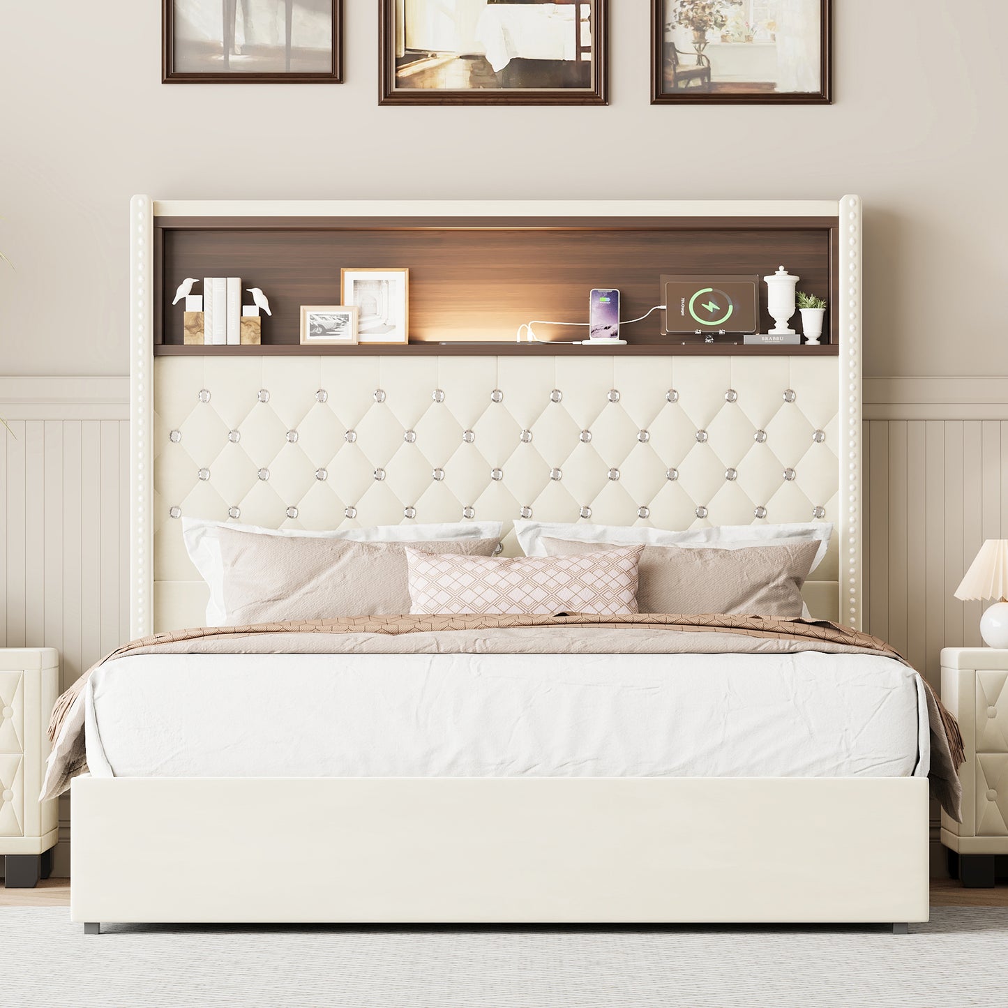 Full Size Velvet Tufted Soft Bed Frame with USB Port and Night Light,52''High Headboard with Rivet Decoration,Wing-back Platform Bed with Headboard Shelf,Beige image 2