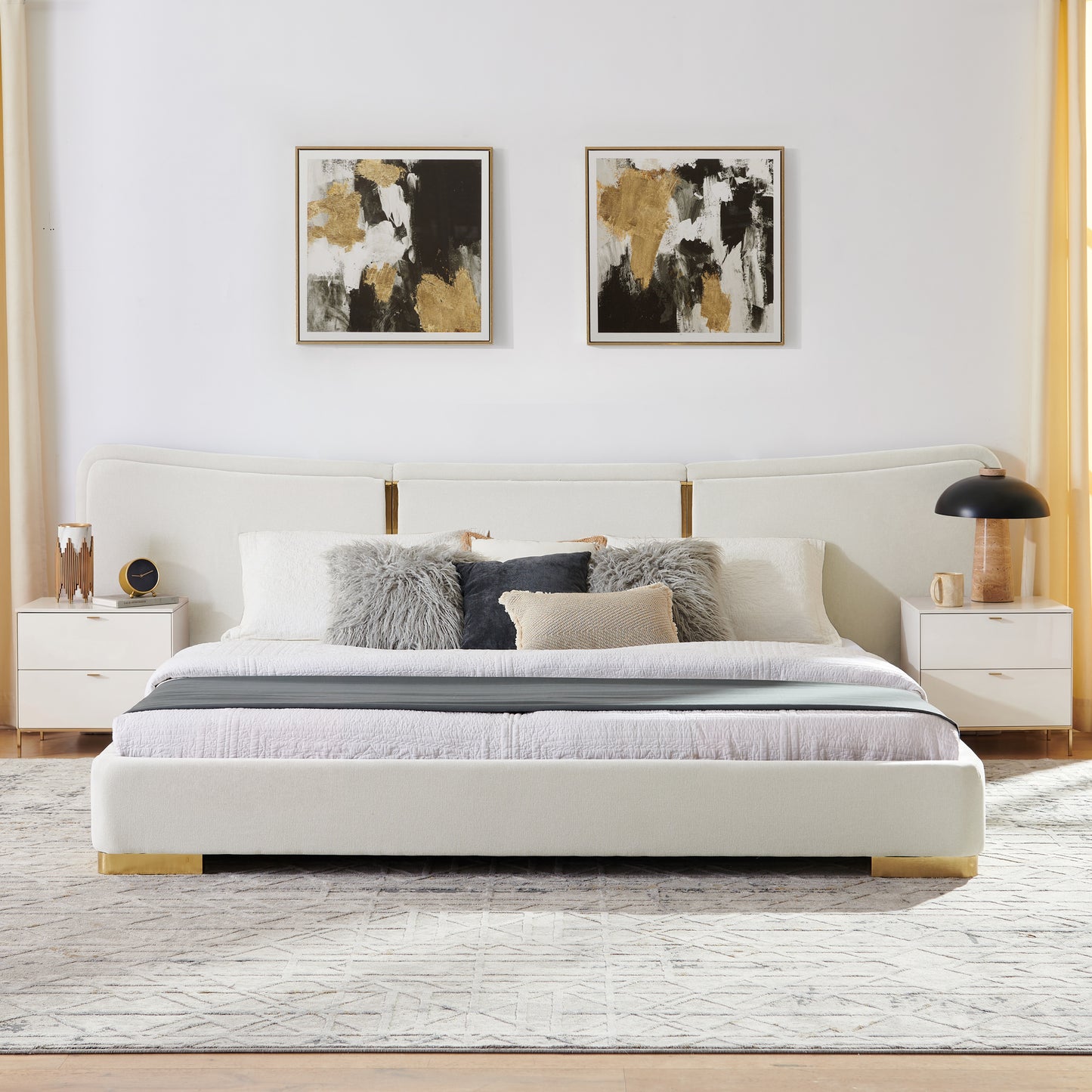 King Size Extra Large Platform Bed, Soft Chenille Fabric Frame, Curved Headboard, Reinforced Electroplated Metal Legs, Flexible DIY Side Space Design-Beige image 6