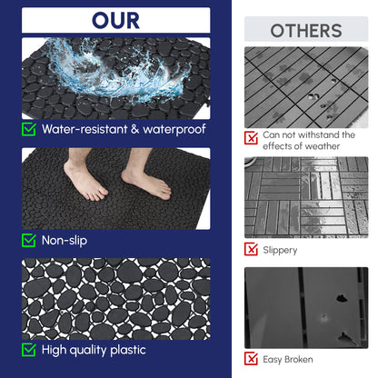 12 x 12 Inch Black Interlocking Deck Tiles Plastic Waterproof Outdoor All Weather Anti-slip Bathroom Shower Balcony Porch Strong Weight Capacity Upto 440 LBS, Pebble Stone Pattern Pack of 60 image 6