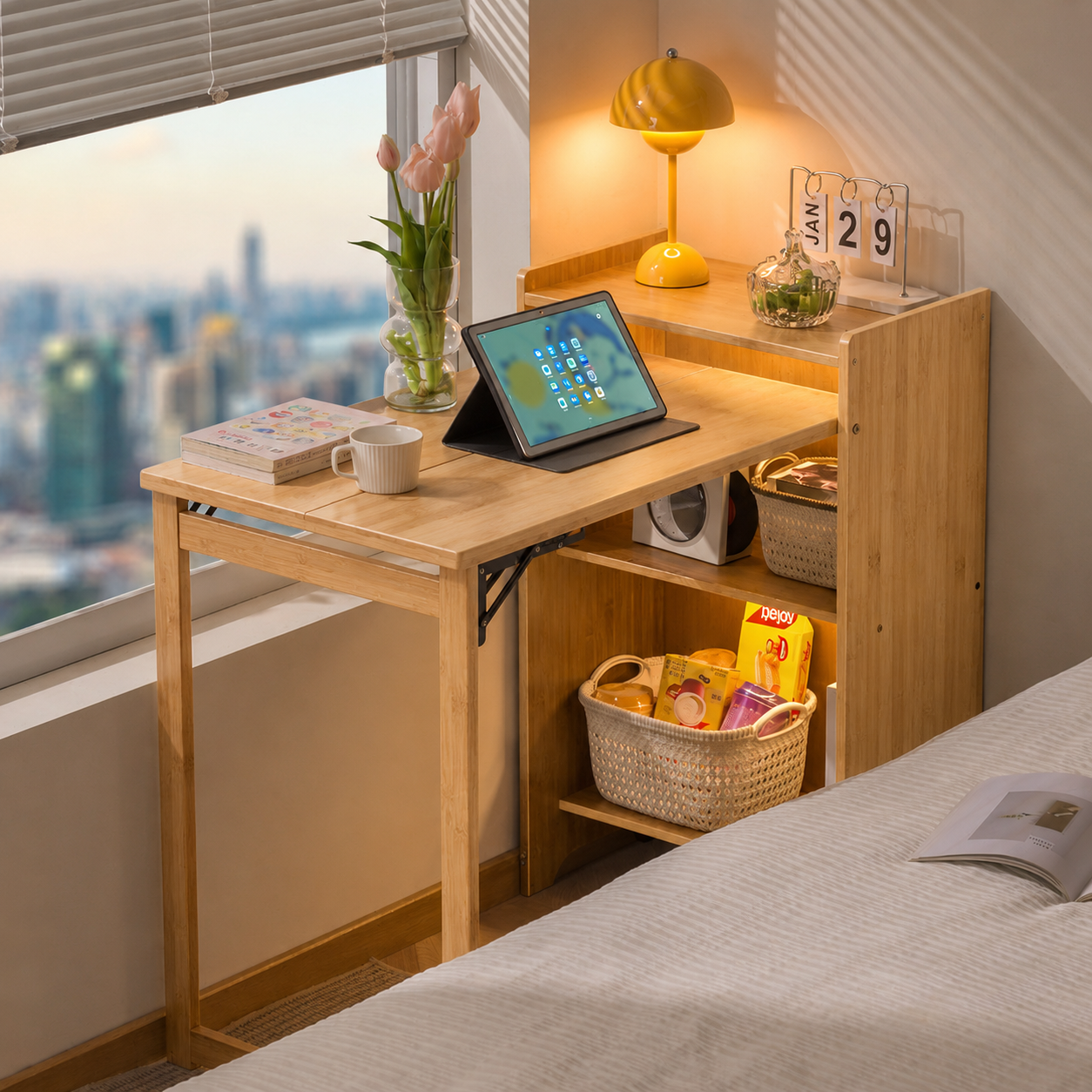 Bamboo Folding Desk, Foldable Desk for Small Space, Computer Desk with Hidden Storage, Mid Century Foldable Table for Home Office and Bedroom (NATURAL WOOD) image 8