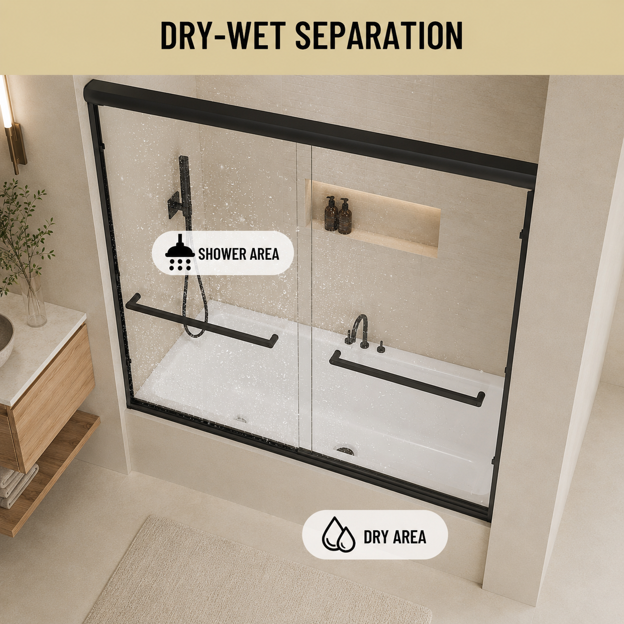 56-60" W x 57" H Framed Double Sliding Bathtub Door, 1/4" (6mm) Clear Tempered Glass with Safety Film and Nano Coating, Waterproof Seals, Matte Black image 8