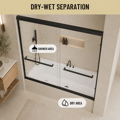 56-60" W x 57" H Framed Double Sliding Bathtub Door, 1/4" (6mm) Clear Tempered Glass with Safety Film and Nano Coating, Waterproof Seals, Matte Black image 8