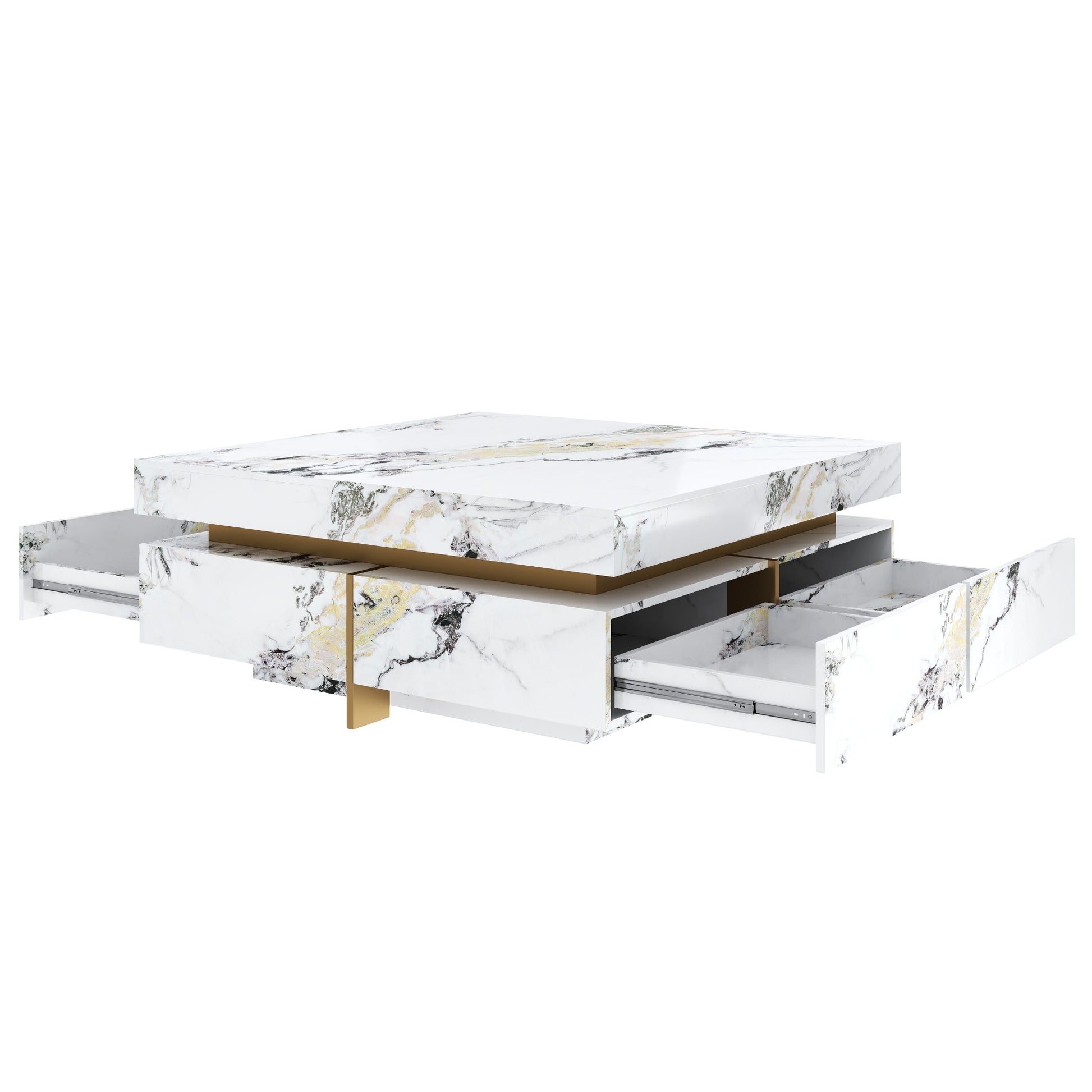 Modern Square Marble Textured Coffee table with 4 Drawers and Suspended Base, White, 43.3" image 9