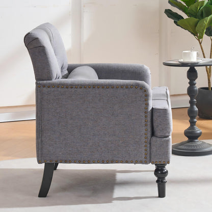 Tufted Club Chair with pillow, Accent Chair, Upholstered Button Armchair, Linen Fabric Corduroy Sofa Chairs for Bedroom, Living Room, Mid Century Modern with Studded Reading Chair, Gray image 6
